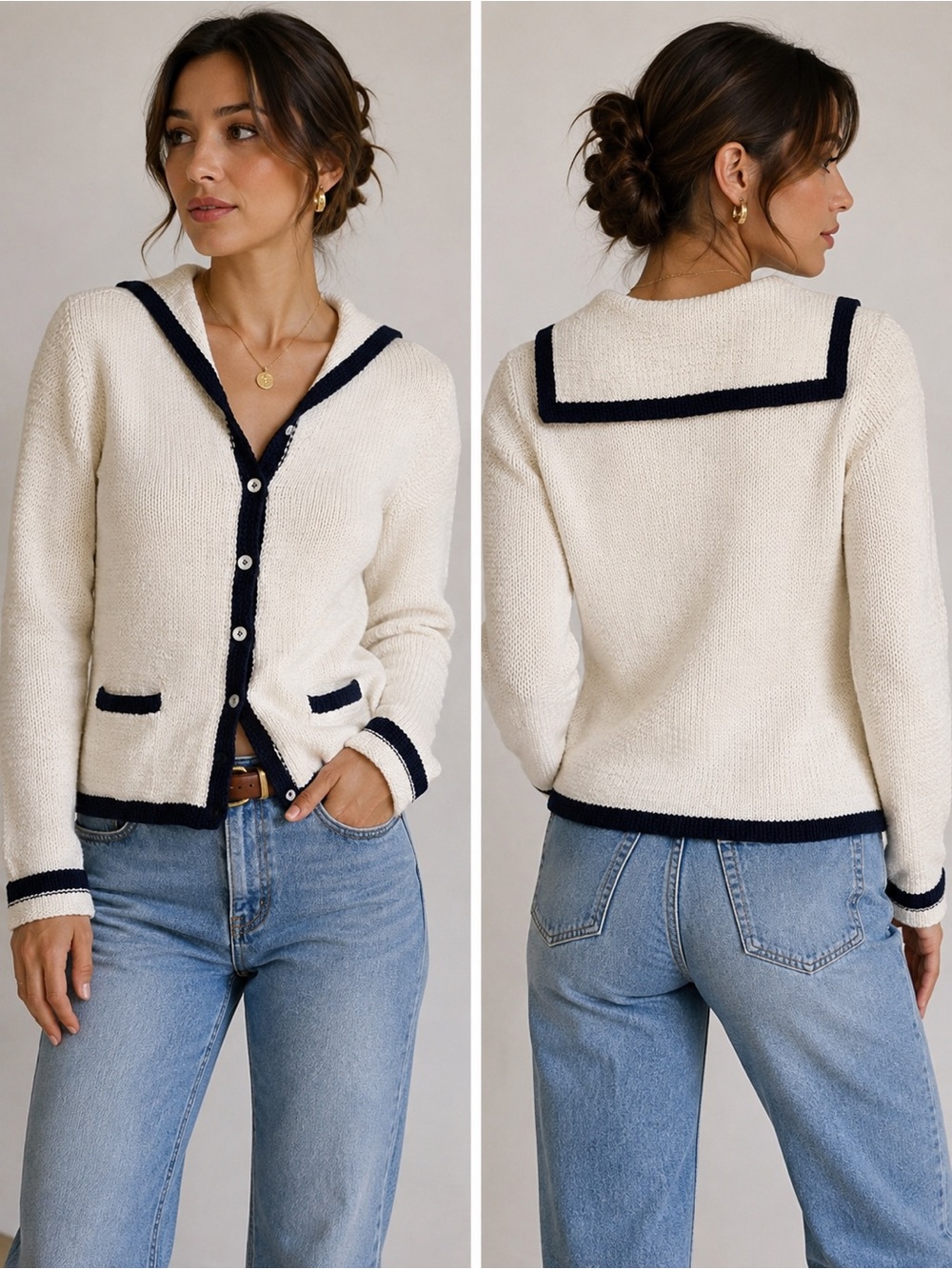 Lauren Ralph Lauren Hand Knit Sailor Cardigan Cream Navy Cotton S